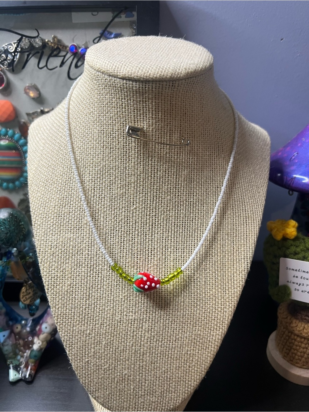 #216. Handmade Strawberry Choker Necklace with White Seed Beads Boho Y2K